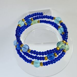 Hand Crafted Memory Wire Coil Bracelet Glass Beads Royal Blue Gold Green Blue
